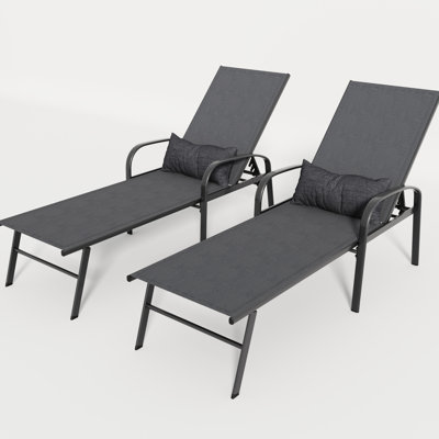 2 Outdoor Pool Lounge In Gray - Steel Structure, Waterproof Seat, Breathable , Adjustable Patio Swimming Recliner Frame, Rust-, Material, Pillow, 5 Settings
