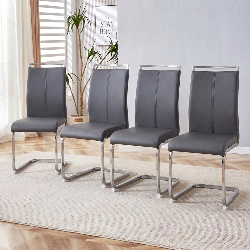 Modern Faux Leather Cantilever Dining Chairs (Set of 4), Dark Gray, Silver, 4