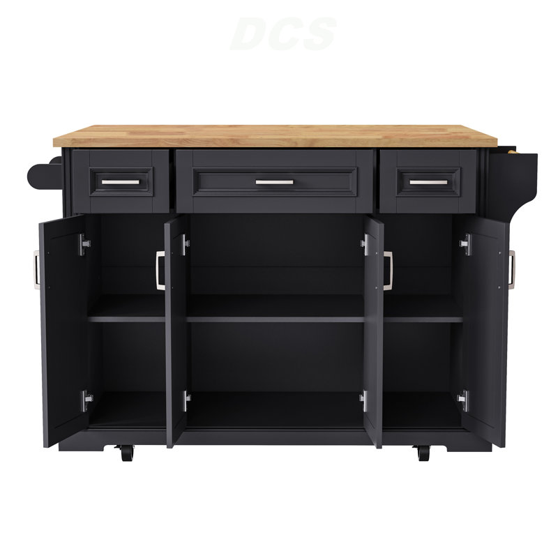 54Inch Large Kitchen Island With Rubber Wood Drop Leaf, Embossed Texture Rolling Kitchen Cart On 4 Wheels With 4 Doors And 3 Drawers, Kitchen Island With Storage For Kitchen, Dining Room,Black, Kitchen Island