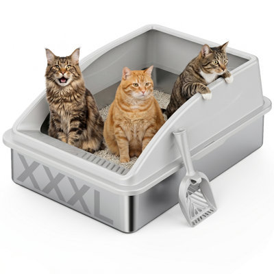 Très grand bac à litière en acier inoxydable pour gros chats et multi-chats | Très grande boîte pour chat Jumbo en métal avec couvercle haut, fuite anti-urine, antiadhésif
