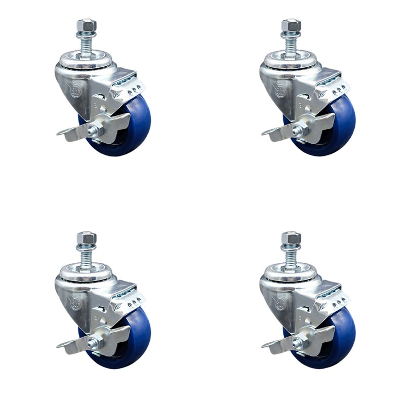 Ensemble de roulettes à tige filetée en polyuréthane pivotant 12 mm 3 pouces avec frein
