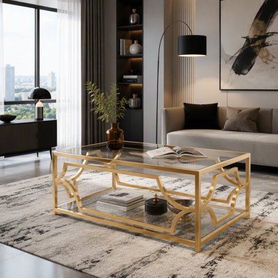Table basse en verre doré, table basse rectangulaire de luxe avec structure en métal, table basse glamour pour salon, élégante table basse contemporaine
