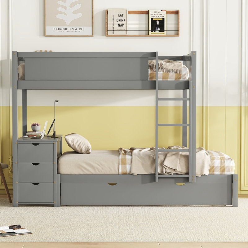 Lit superposé avec lit gigogne, rangement et bureau, Gris, Simple sur simple