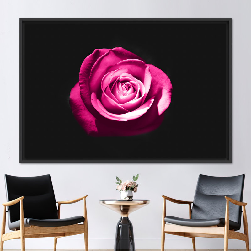 Rose rose, art contemporain sur toile, affiche rose, Cadre flottant noir, H 41 po x l 94 po x P 0,78 po