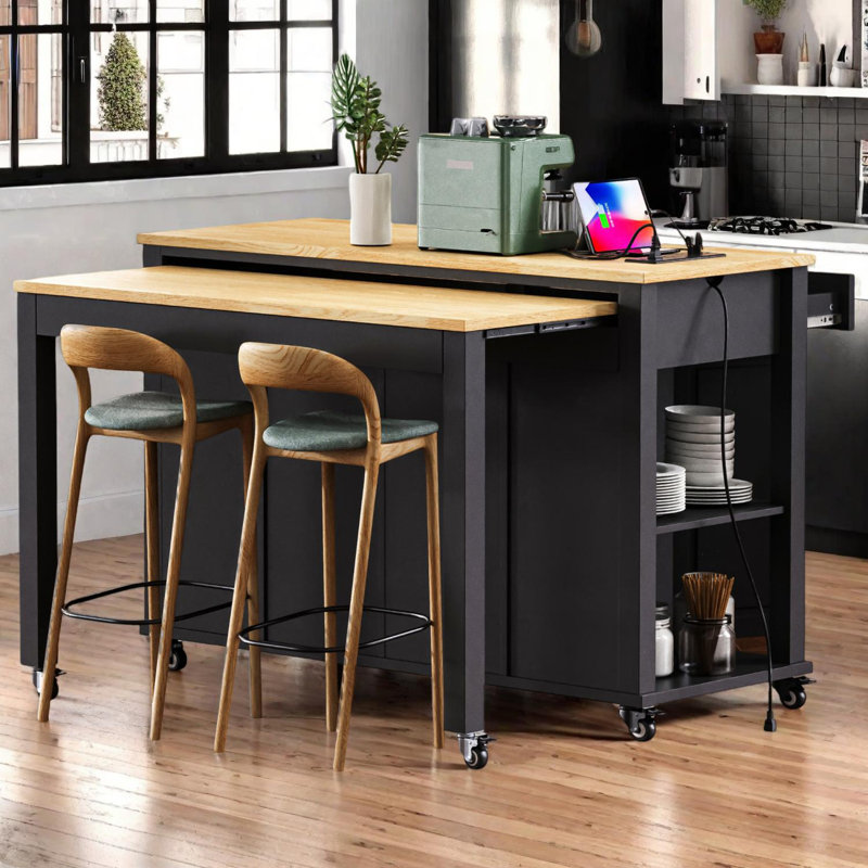 47 Inch Kitchen Island with Extendable Dining Table and Storage, Black