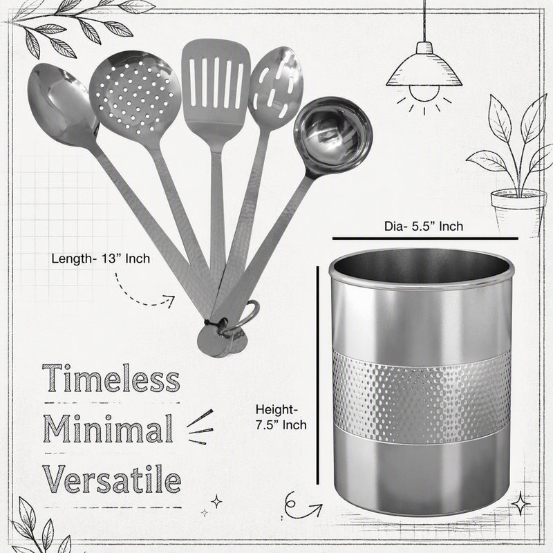 Porte-ustensiles en acier inoxydable avec fini miroir martelé, compact et durable pour les cuisines modernes