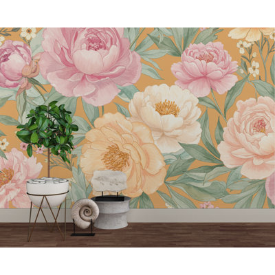 Pastel Peony Wallpaper Mural – Hand-Painted Watercolor Spring Garden Wall Art Full Bloom Floral Wall Decor For Bedroom Event Backdrop 739RS (Peel-N-Stick) RS739