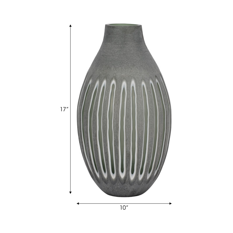 Decorative Ribbed Glass Flower Vase for Home Decor - Tall Oval Table Vase with Sculptural Slatted Design for Living Room Display - Green