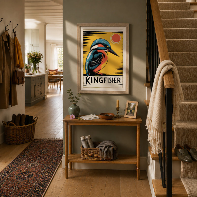 Kingfisher Sun Art Deco - Framed Print, A2 - 59.4 x 42.0 cm, Oak