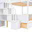 Lit simple superposé au dessus d'un lit double avec tablettes, escalier de rangement et 2 tiroirs, blanc-156434112