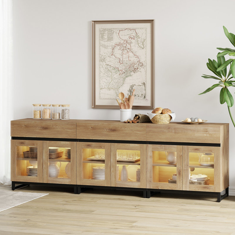 3 In 1 Multifunctional Sideboard Buffet Cabinets With 6 Glass Doors And 3 Drawers, Modern Sideboard Credenza With Metal Base, Coffee Bar Storage Cabinet For Living Room, Kitchen