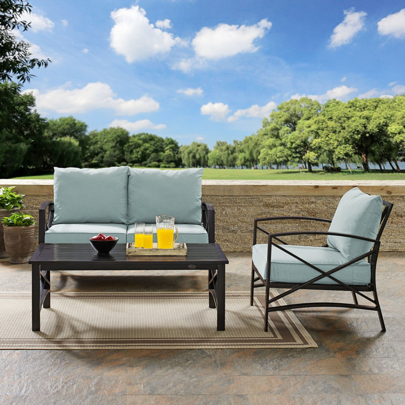 Mosier 3 - Person Patio Conversation Set with Cushions, Mist, Oiled Bronze