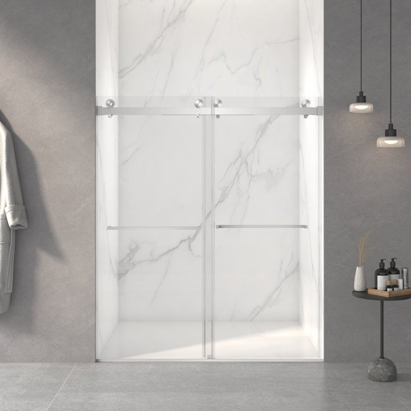 Frameless Double Sliding Shower Door,5/16" (8Mm) Thick SGCC Tempered Clear Glass,Double Side Easy Clean Coat, Brushed Nickel
