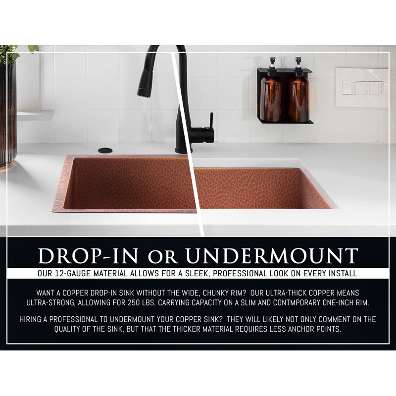 Fossil Blu Luxury 24" 12-Gauge Hammered Copper Undermount/Drop-In Sink, Medium Patina, Incl Accs