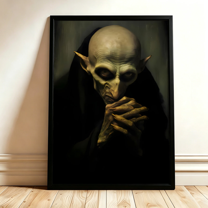 Créature gobelin d'Halloween aux oreilles pointues et aux griffes, tableau sur toile encadré, cadre doré, 40 x 60 cm, 16x24