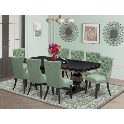 Ensemble de table de salle à manger 9 pièces comprenant une table rectangulaire et 8 chaises en tissu de polyester vert saule, noir sablé