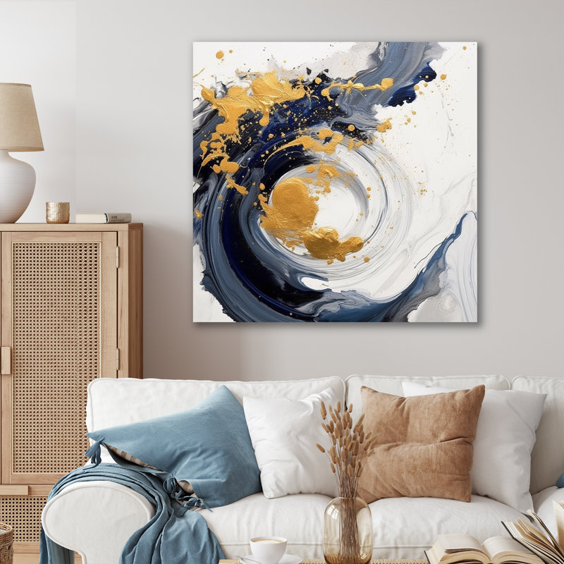 Bleu foncé et spirale dorée sur toile, H 16 po x l 16 po x P 1 po, Toile tendue