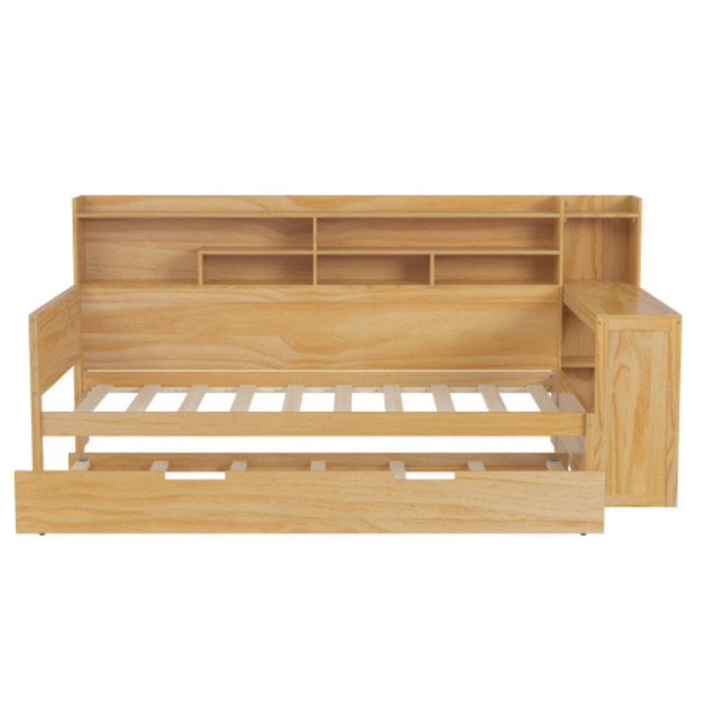 Wooden Daybed with Storage Shelf, Multi-Purpose Bed with Twin Size Pullout Bed and Desk, Twin, Natural