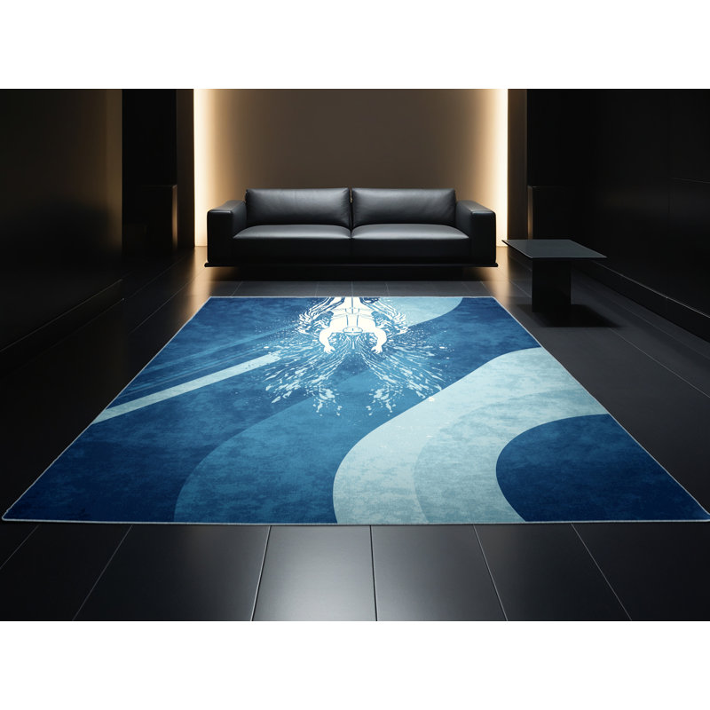 Machine Washable Medford Swimming Butterfly Stroke Modern & Contemporary Arc Rug in Blue – SkyBlue Binding, 3x5