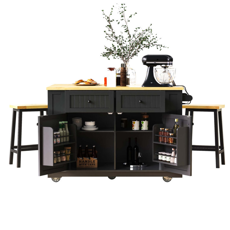 Îlot de cuisine 48 pouces avec 2 tabourets de bar, Noir