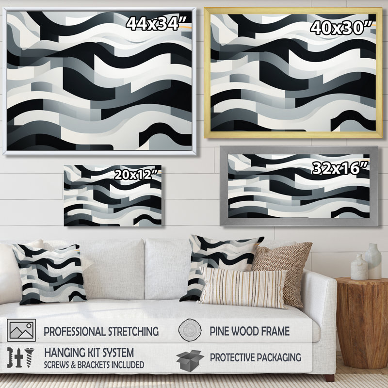 Vagues d'art stylisées monochromes - Vagues, Cadre flottant noir, H 12 po x l 20 po
