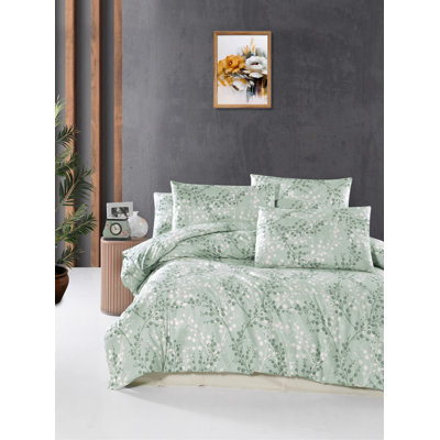 Ensemble de housse de couette luxueuse 100% coton Ranforce King, vert et blanc | Housse de couette et 2 taies d'oreiller 19,7 po x 31,5 po | 145 fils, lavable à la machine, fermeture à boutons élégante