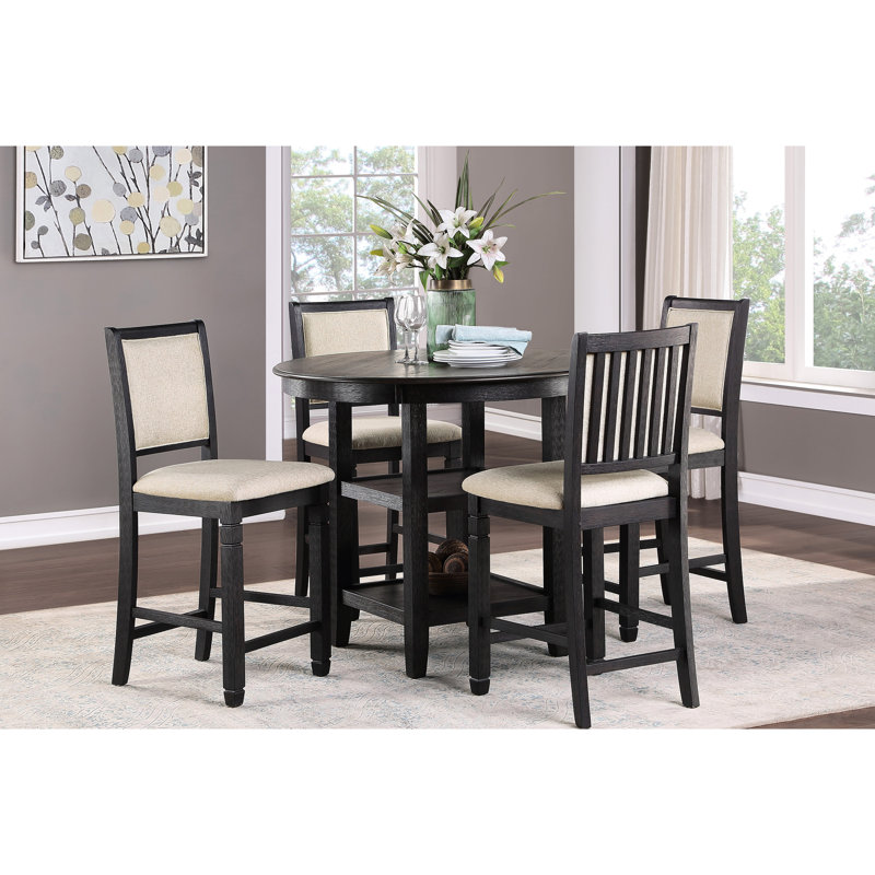 Table haute de salle à manger, style transitionnel, brun et noir, 2 étagères, table pour 4 personnes avec étagères, style transitionnel, salle à manger.