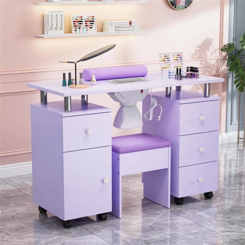 Ensemble complet de table de manucure et chaise avec collecteur de poussière électrique et repose-poignet, lavande, Lavande