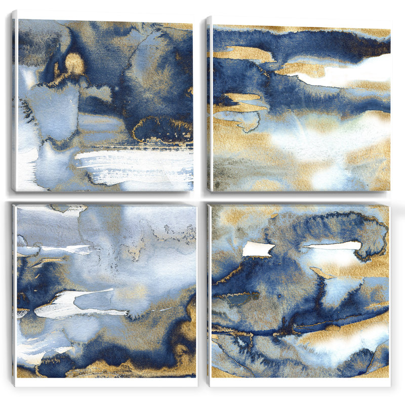 «Dark Blue and Gold Abstract II», ensemble d'art moderne sur toile 4 pièces