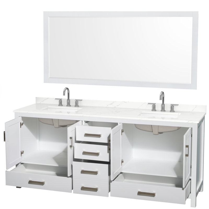 Sheffield 80" Freestanding Double Bathroom Vanity with Quartz Top with 70" Mirror, Giotto Quartz, White