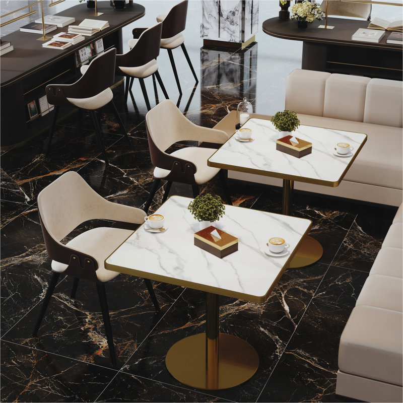 Table carrée bistro moderne tulipe 31,5 pouces avec plateau en faux marbre, facile à assembler, structure en métal robuste