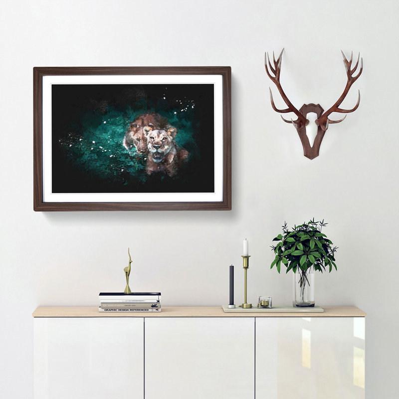 Two Lions in the Shadows - Picture Frame Graphic Art Print, Walnut Framed, 24cm H x 33cm W x 2cm D