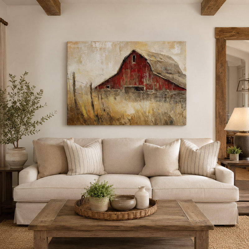 «Barnside Memory - Rustic Meadow Landscape», art mural sur toile tendue, H 32 po x l 48 po x P 1,5 po