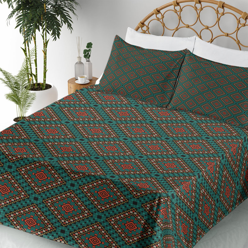 Microfiber Sheet Set, California King Sheet Set with 2 Pillowcases, Coral/Teal/Black Chevron
