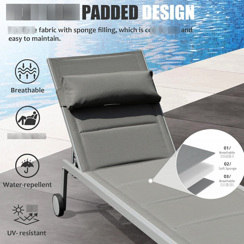 3 fauteuils inclinables d'extérieur pour la piscine: chaises en aluminium avec coussin. Table d'appoint et roulettes, fauteuil inclinable réglable. Résistant aux intempéries, gris pour la plage, cour, rembourrage de salon de balcon. Au bord de la piscine, dans la cour