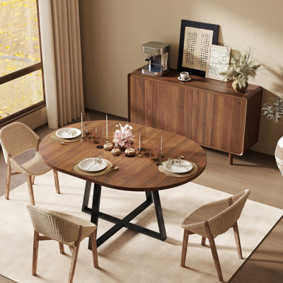 Eads Angela Walnut Extendable Round Dining Table Set for 6, Modern Sideboard Buffet Cabinet with Fluted Dresser, Oval Wood Dining Table for Living Roo