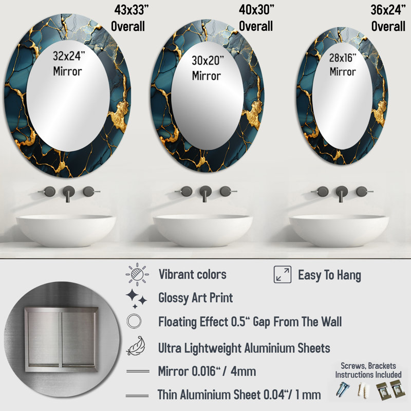 Or et vert abstrait marbre Aura IV - miroir mural ovale doré, 36 po x 24 po