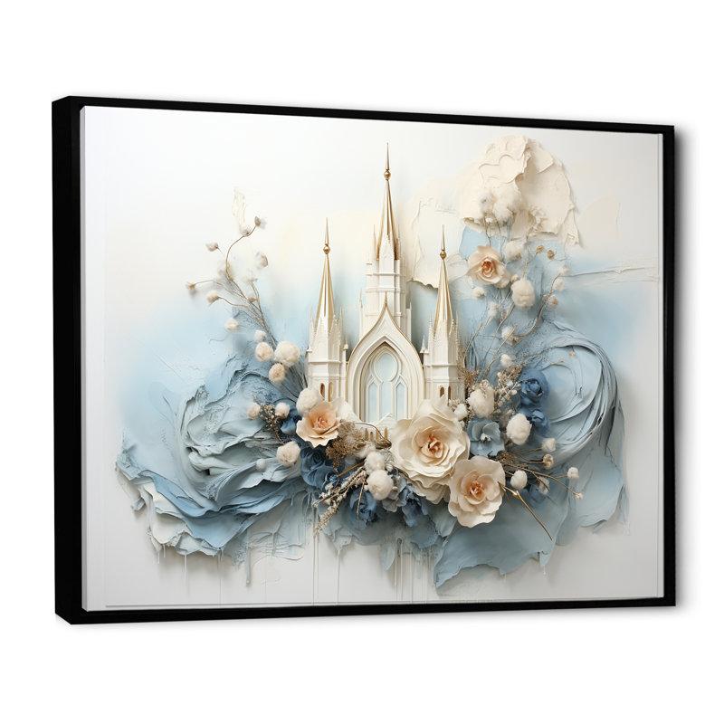 Art mural cathédrale bleu et blanc de la Renaissance, Cadre flottant noir, H 34 po x l 44 po x P 1,5 po