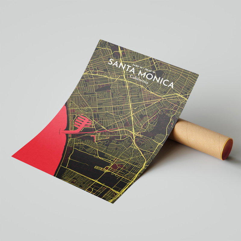 Santa Monica, carte de la ville, impression, H 17 po x l 11 po, Noir / rouge / jaune