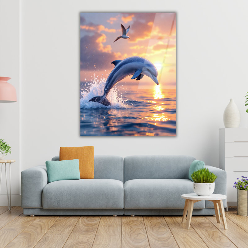 Art mural en verre trempé dauphin, H 30 po x l 20 po