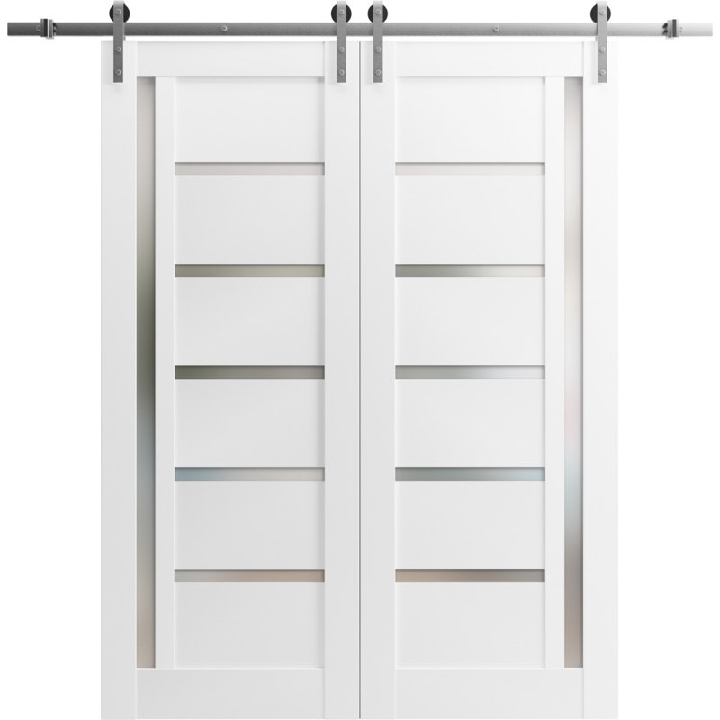Porte de grange double robuste avec rail Quadro 4088 Blanc Soie et verre dépoli, supports de rail de 4 m (13 pi), portes intérieures à panneaux pleins et lourds - 122 cm x 213 cm (48 po x 84 po) (2 x 61 cm x 243 cm) - Rail argenté - Verre dépoli