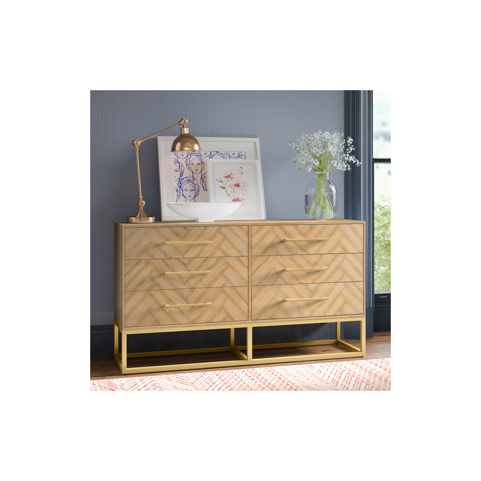 Sheldon 6 - Drawer Double Dresser, Gold/Rustic Oak