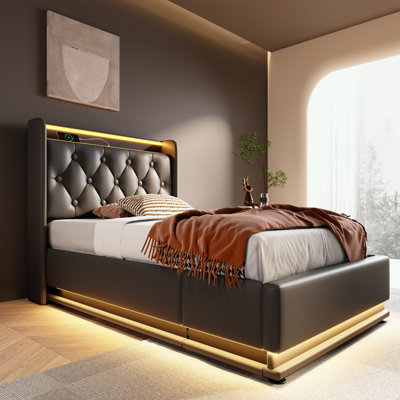 Lit de rangement rembourré avec DEL et prises de recharge