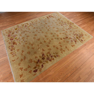 8'10"x11'8" Brown Antique Art Deco Leaf Design Pure Wool Hand Knotted Rug B4A9EAF04E224A62AF899E6932ED12FC