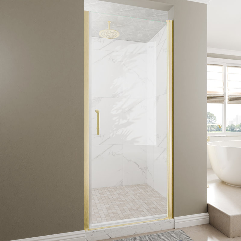 Porte de douche pivotante en verre sans cadre, Or brossé, 32"W x 72"H