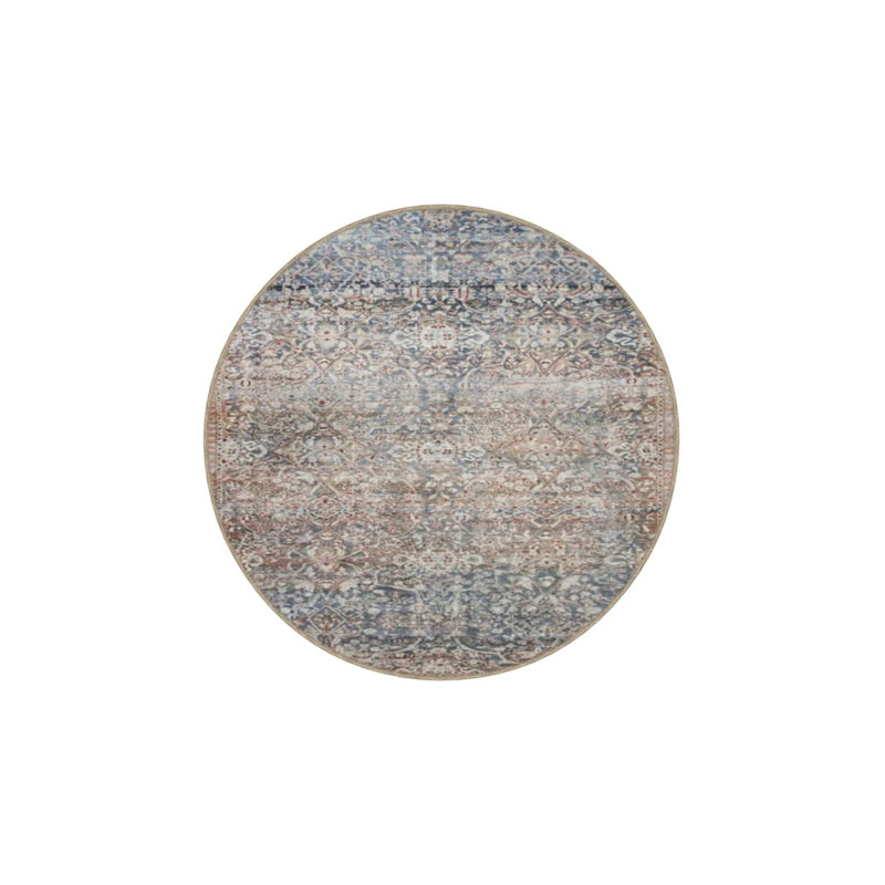 Gray Blue Traditional Geometric Decorative Washable Carpet, Round 5'