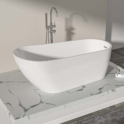 67"x29.5" Freestanding Slipper Soaking Acrylic Oval Shape Bathtub with Chrome Pop-up Drainer Glossy White Bath Tub with Chrome Overflow Drain