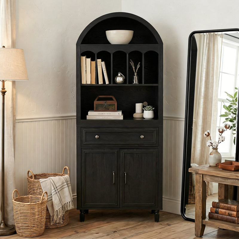 40" Small Arch Bookcase with Display Shelves  for Living Room, Bedroom Or Entryway, Black