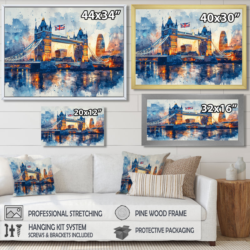 «Moonlight on Tower Bridge Lights In London II - England», art mural, H 30 po x l 40 po, Noir, Impression encadrée flottante
