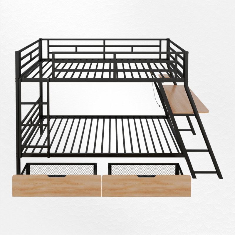 Zillah Metal Bunk Bed with Built-in Desk, Drawers and LED Light, Full over Full, Black/Oak